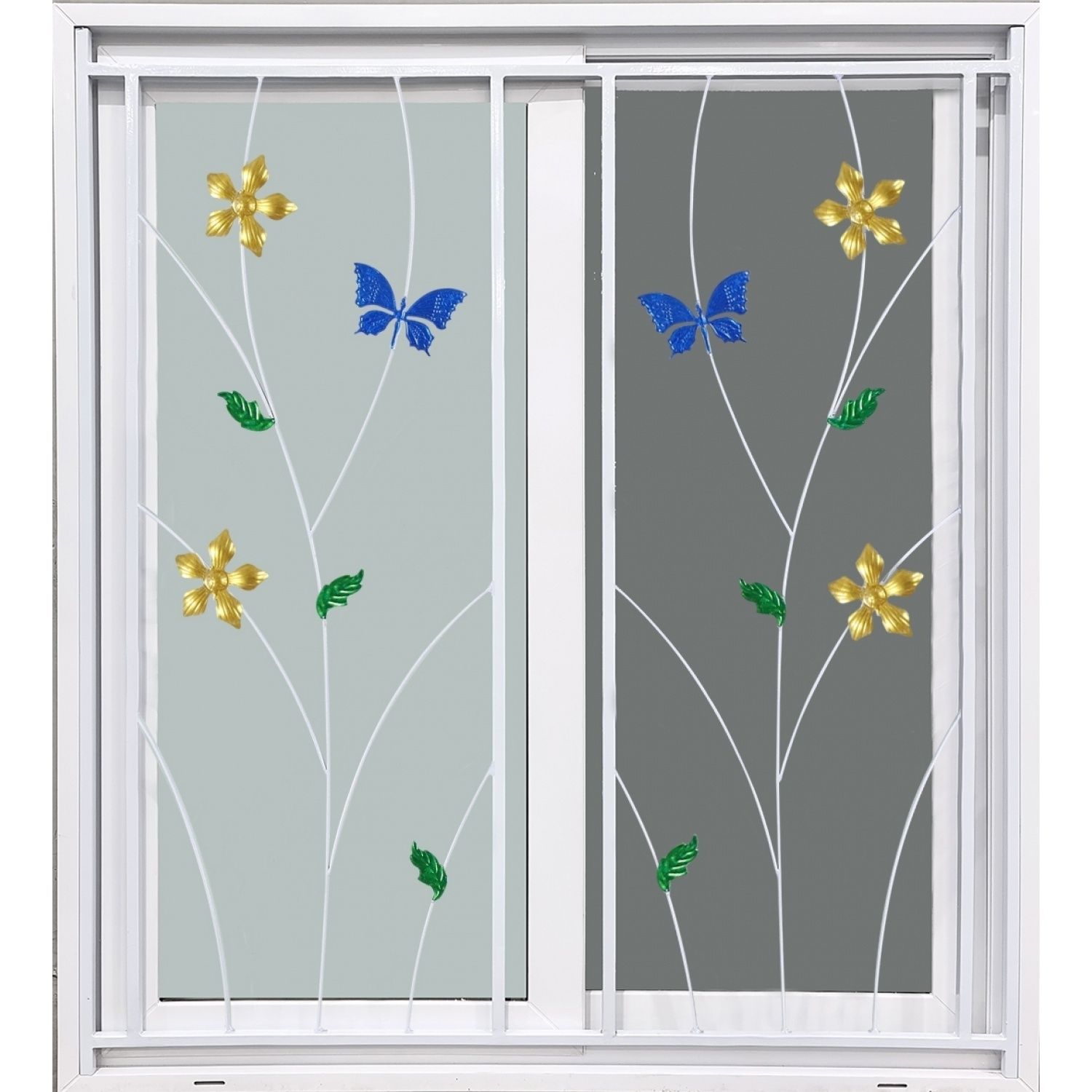 หน้าต่าง อลูมิเนียม 2 ช่อง Window Asia สีขาว บานเลื่อน +เหล็กดัด ลายผีเสื้อ(แต้มสี)+ มุ้ง 100*100