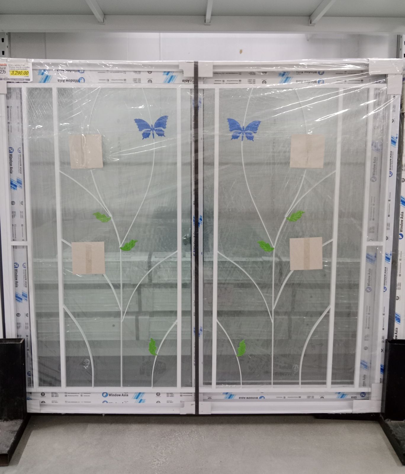 หน้าต่าง อลูมิเนียม 2 ช่อง Window Asia สีขาว บานเลื่อน +เหล็กดัด ลายผีเสื้อ(แต้มสี)+ มุ้ง 120*110