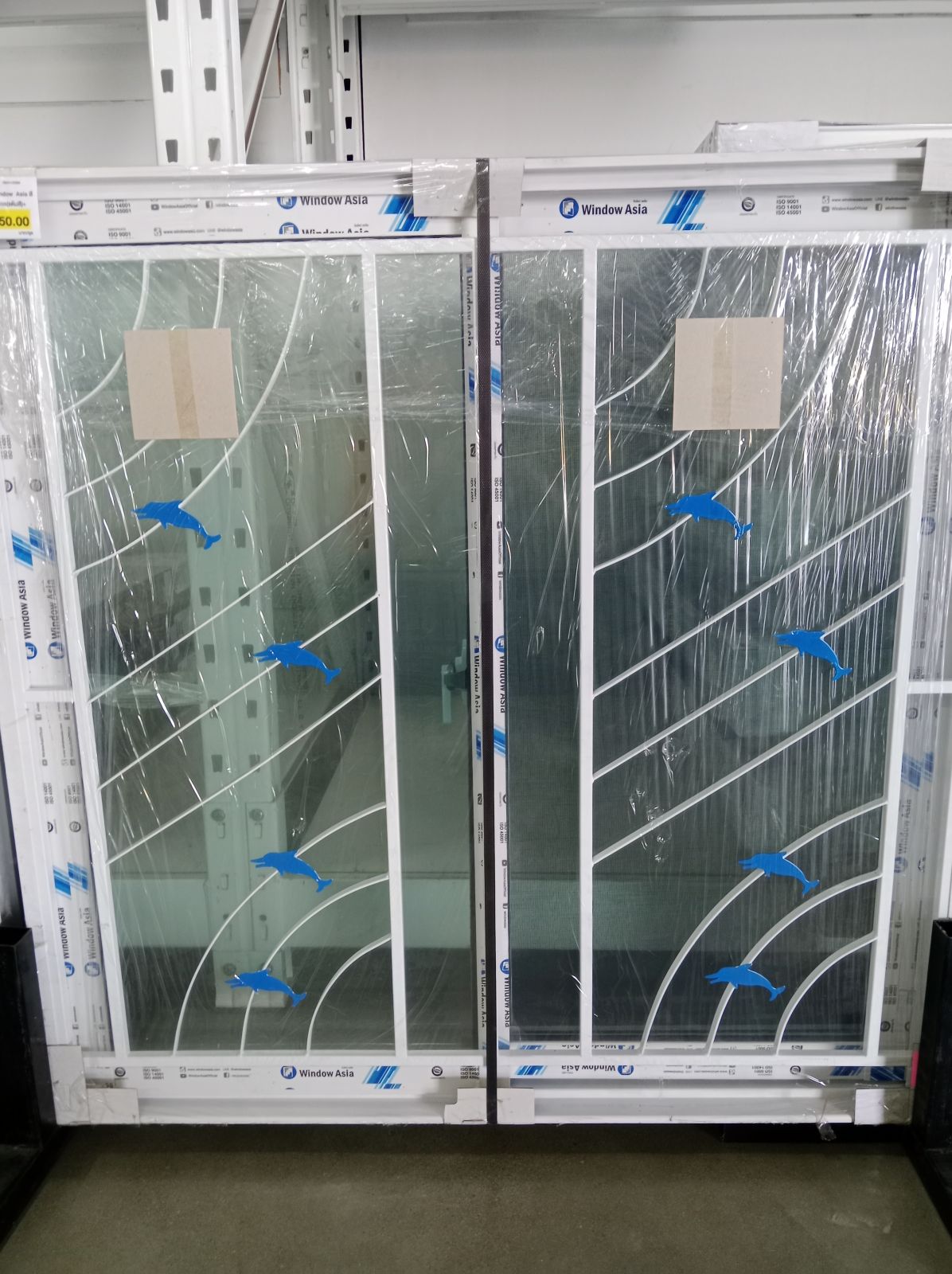 หน้าต่าง อลูมิเนียม 2 ช่อง Window Asia สีขาว บานเลื่อน +เหล็กดัด ลายทะเล(แต้มสี)+ มุ้ง 100*100