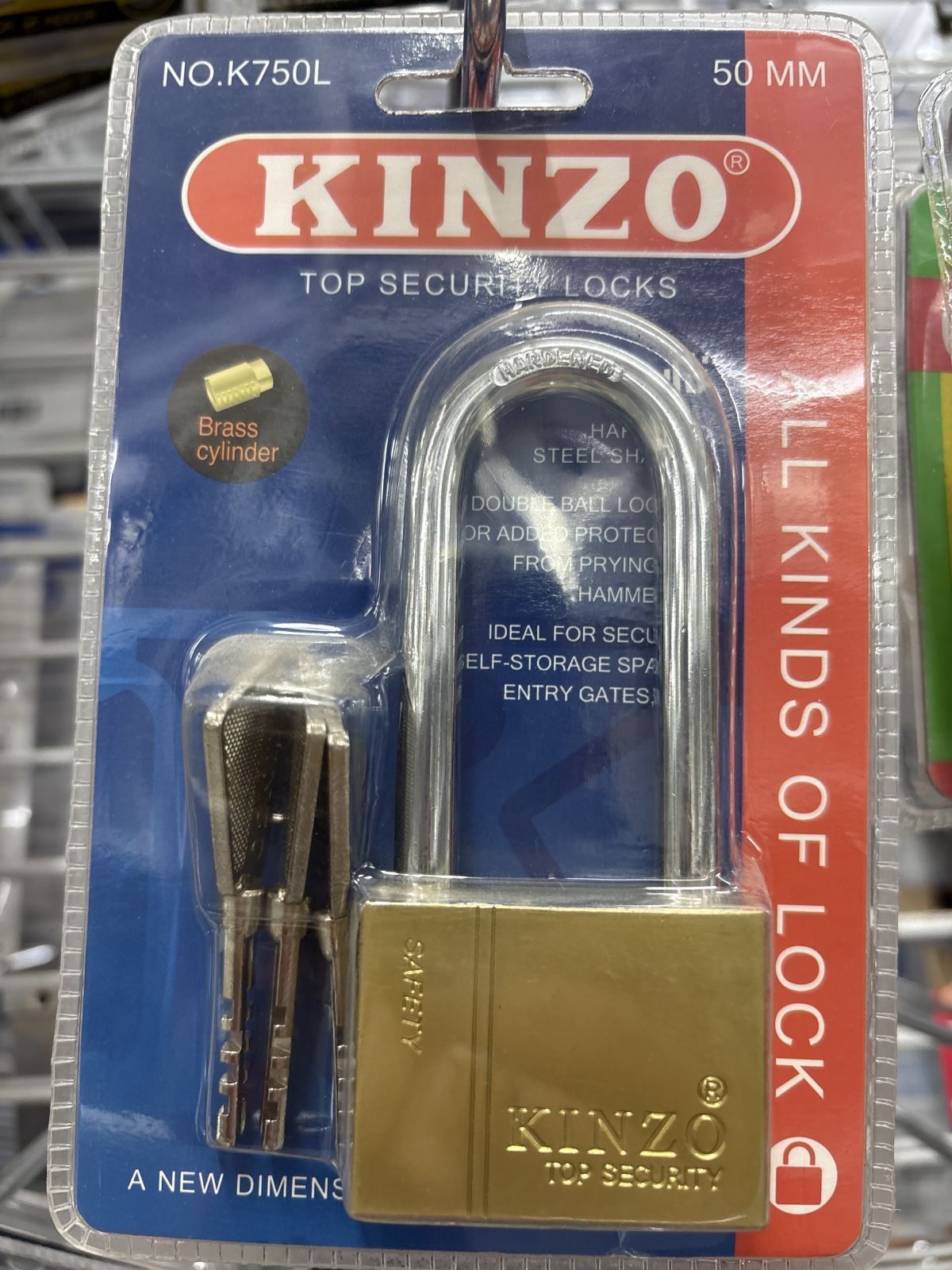 กุญแจทองเหลืองลูกปืน KINZO 50 มม.คอยาว