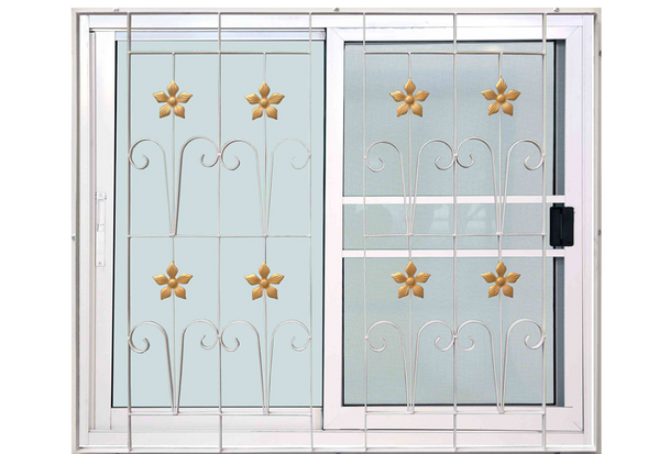 หน้าต่าง อลูมิเนียม 2 ช่อง (ก.ภัทร) รุ่น standard สีขาว 120*110 บานเลื่อน+มุ้ง+เหล็กดัด