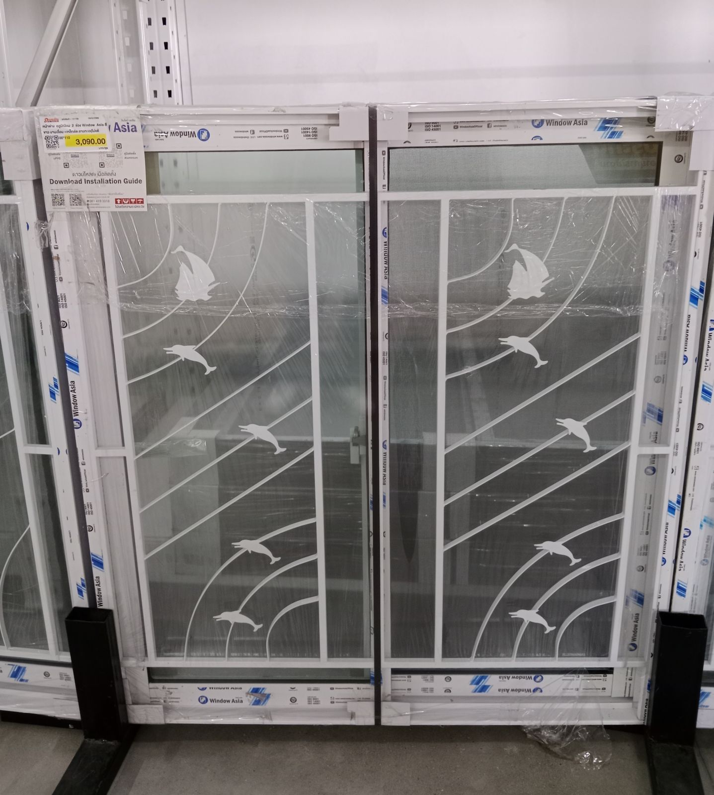 หน้าต่าง อลูมิเนียม 2 ช่อง Window Asia สีขาว บานเลื่อน +เหล็กดัด ลายทะเล(ไม่แต้มสี)+ มุ้ง 100*110