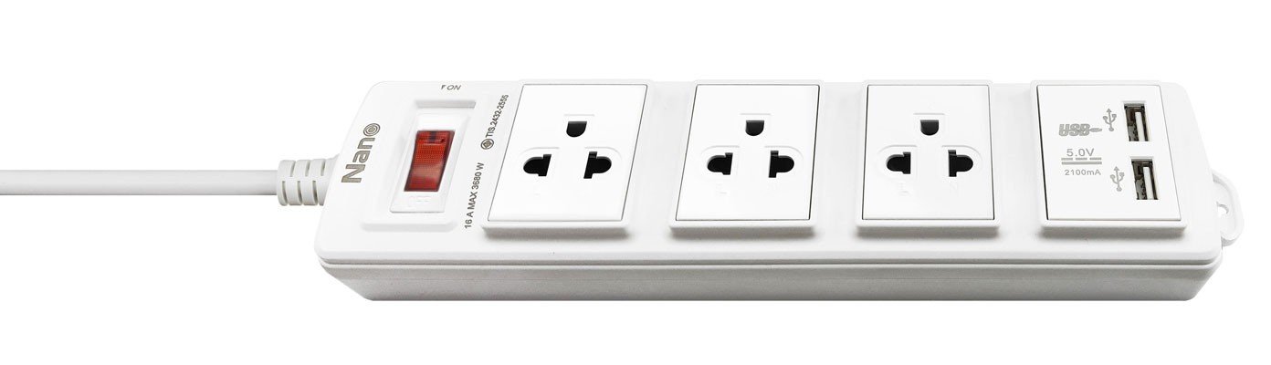 Nano-ET03-10A-3M-W 3เต้ารับ 1 เบรกเกอร์นิรภัย 10A 3M