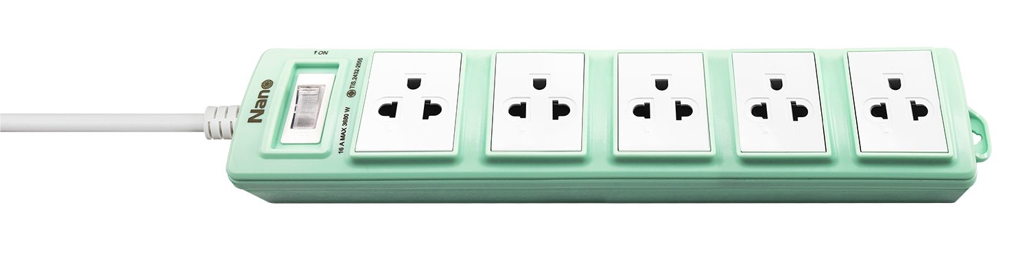 ET05-10A-3M-GR ปลั๊กไฟ NANO 5 เต้ารับ + 1 เมนสวิตช์ 10A 3M(สีเขียว)