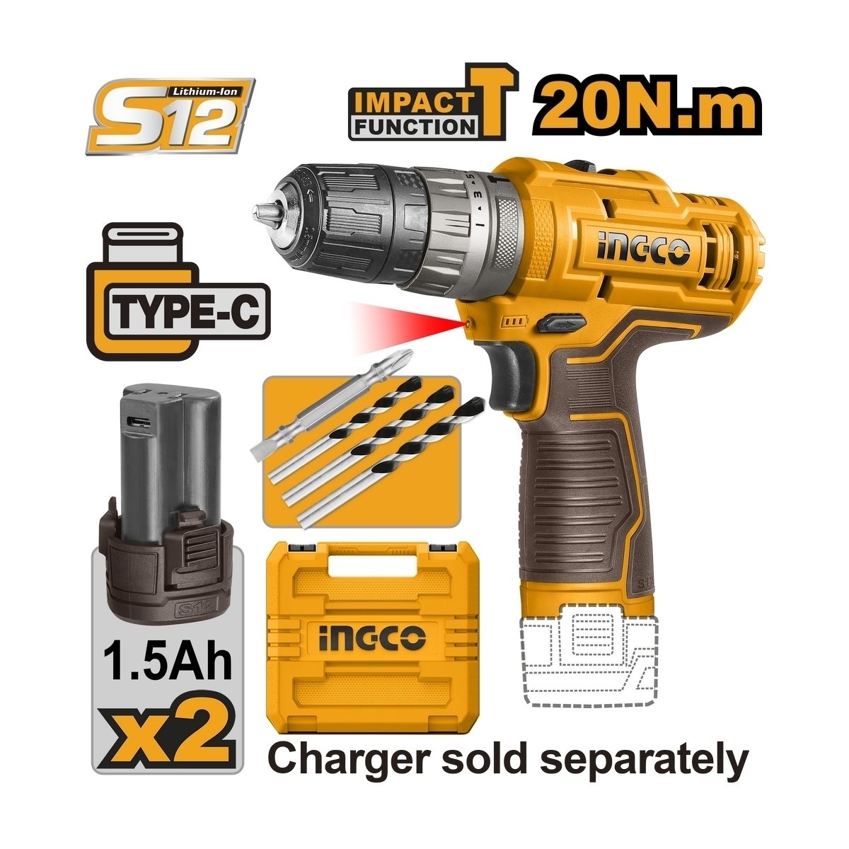 สว่านกระแทก INGCO 12V ทรงกระบอก  (20N-1.5AH*2) I121-CIDLI12202