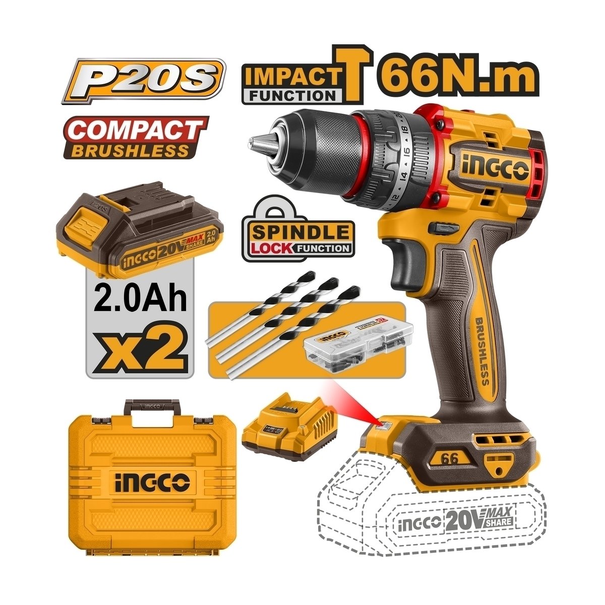 สว่านกระแทก INGCO 20V-BL 66N.M ชุดแบต 2.0AH*2 I121-CIDLI20668