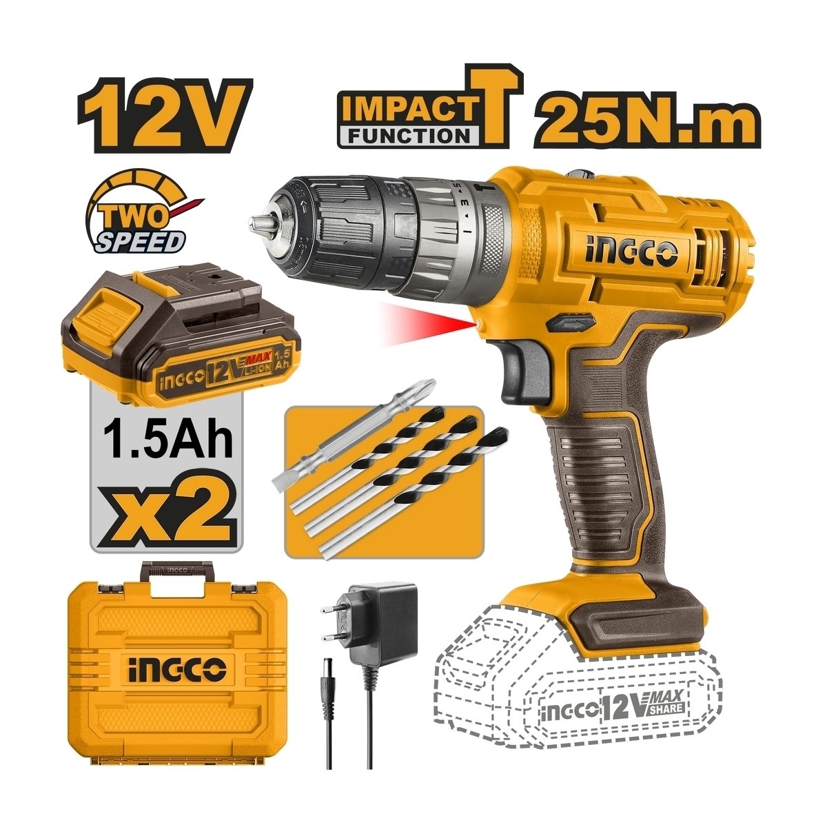 สว่านกระแทก INGCO 12V-สไลด์ (25N.M-1.5AH*2) I121-CIDLI1228