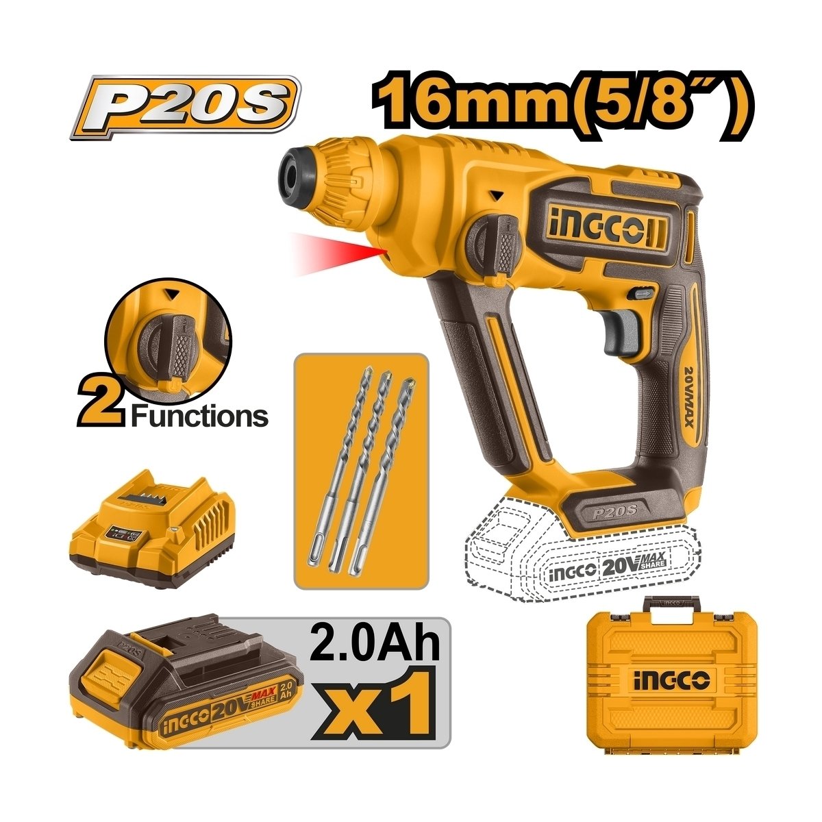 สว่านโรตารี่ไร้สาย INGCO 20V 16MM-2.0AH*1 I121-CRHLI201681