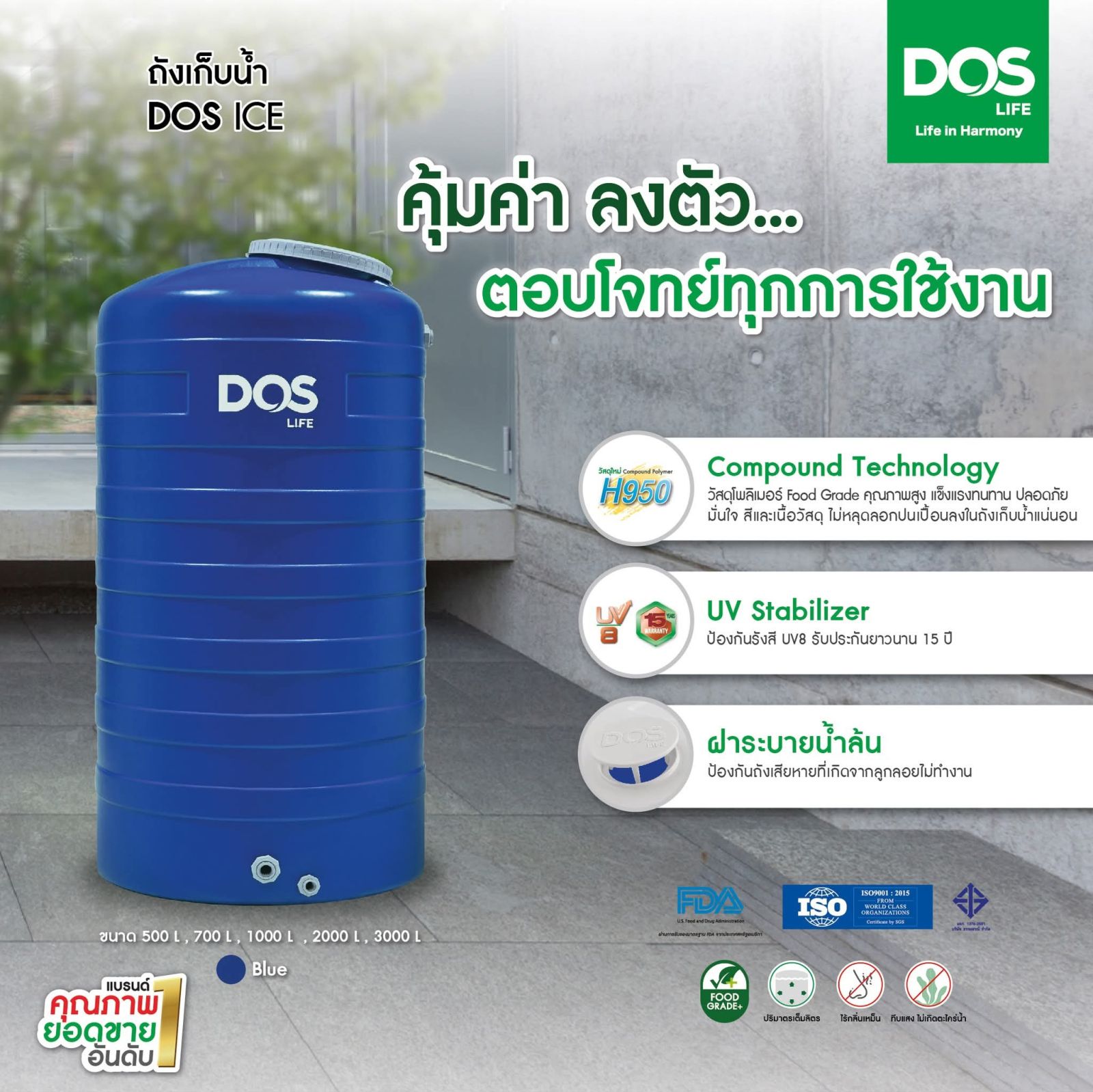 ถังเก็บน้ำบนดิน DOS ICE-500L สีน้ำเงิน ECO-14/BL-500L